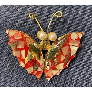 Vintage Butterfly Brooch Pin Gold Tone Red Resin White Faux Pearl Eyes Costume